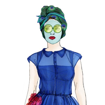 Draft of Loulou, the heroine of the story in a blue dress covered with red flowers - Amora