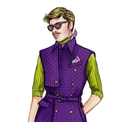 Draft of the protagonist named Monsieur, he is dressed in a purple and red plaid outfit and leans on his cane - Cirque du Soleil Amora