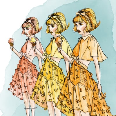 Ébauche des trois sœurs bello respectivement vêtues d'une robe rouge, jaune et orange - Amora cirque