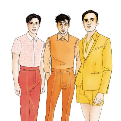 Boceto de los tres primos vestidos respectivamente con ropa roja, naranja y amarilla - circo Amora