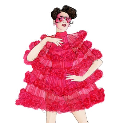 Draft of a lady in a bright pink dress and heart shaped glasses - Amora tickets