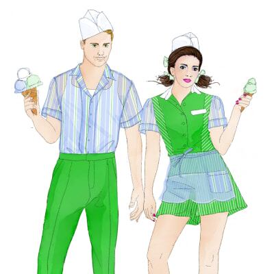 Draft of two ice cream vendors dressed in green and blue clothing - Cirque du Soleil Amora