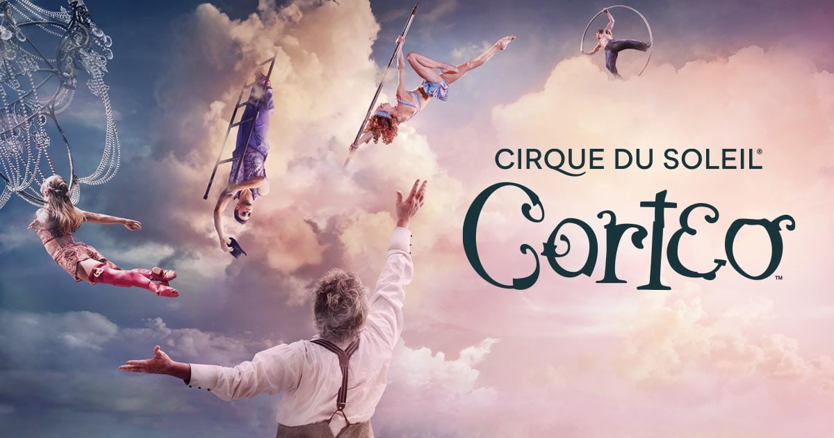 Image of  various Cirque du Soleil performers. Clouds blended throughout foreground and  background. 