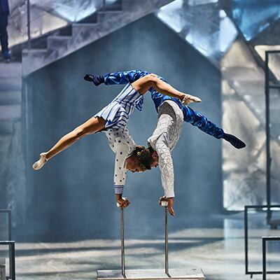 Two artists perform a choreography during a hand balancing act - Cirque du Soleil Crystal