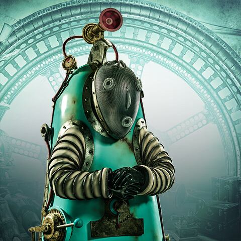 A rusty celeste robot has his hands clasped - Kurios Cabinet of Curiosities