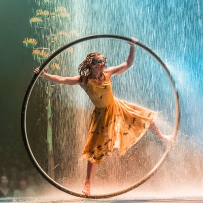 Una mujer vestida con túnica amarilla gira bajo la lluvia en una rueda Cyr - Luzia Cirque du Soleil