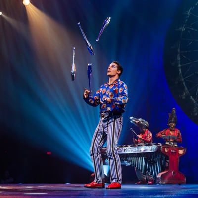 Un artiste de cirque jongle avec des quilles pendant que des musiciens jouent en arrière-plan - durée du spectacle Luzia