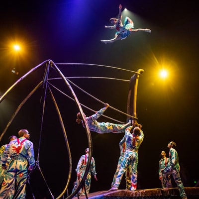 Un groupe d'artistes accomplit des acrobaties de haut vol sur une Balançoire russe - Cirque du Soleil Luzia