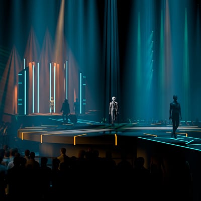 Artists walk on a raised runway while orange and blue beams illuminate the stage - MŪV Cirque du Soleil