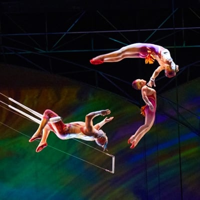 Acrobats flip and fly during a high-altitude act of trapeze - Mystère by Cirque du Soleil