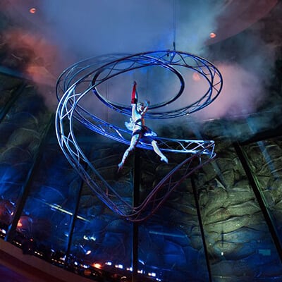 A trapezist surrounded by a metallic structure performs an aerial act - O Las Vegas