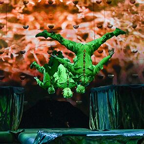 Des acrobates vêtus de costumes ressemblant à des crickets accomplissent un numéro de trampoline - OVO tour