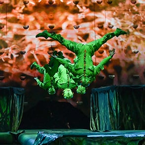 Acrobats dressed with cricket looking costumes achieve a trampoline act - Cirque du Soleil