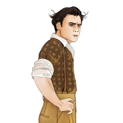 Draft of Bruno, the black haired protagonist dressed in dark brown clothes - Amora Cirque du Soleil