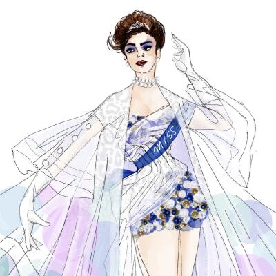 Draft of Miss Gina in a white dress with polka dots - Cirque du Soleil